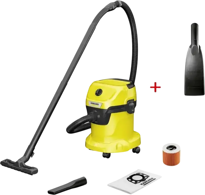 Пылесос для сухой и влажной уборки Karcher WD 3 1.628-122.0, 1000 Вт, контейнер 15 л, функции всасывания и обдува, с картриджным и мешковым фильтрами