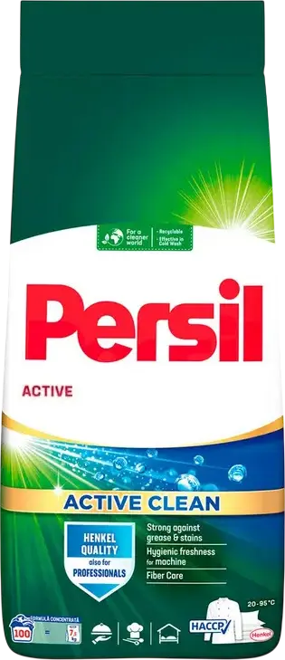Persil Active Clean Detergent Pra Pudra Formula Concentrata 7.5 kg, 100 spalari, 20-95°C, Eficient contra grasatei si petelor, Protectie Fibre