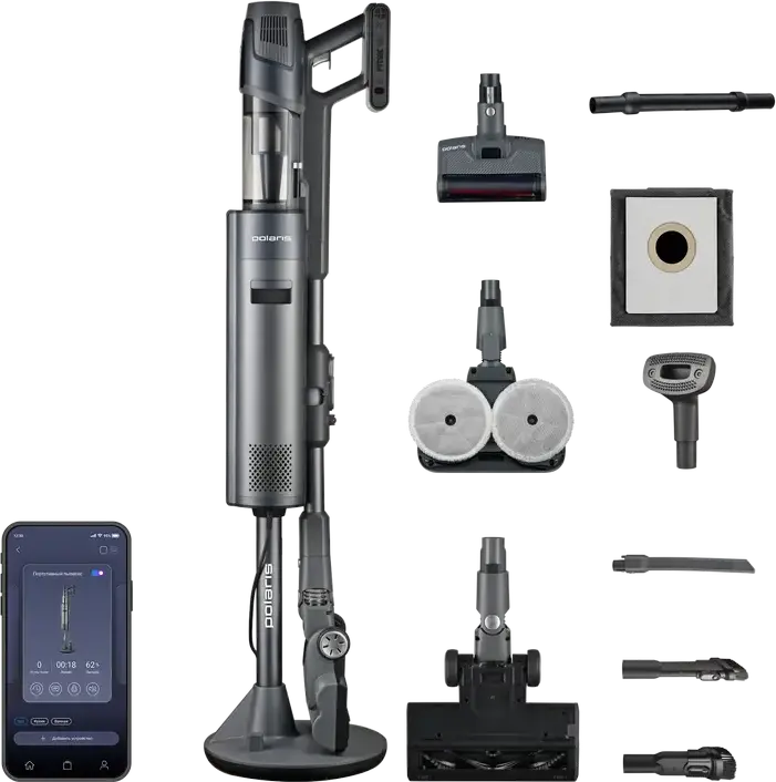 Polaris PVCSDC3000 Wi-Fi IQ Home Vertical Cordless Vacuum Cleaner, 800W, 40kPa Suction, Dry and Wet Cleaning, HEPA Filter, Li-Ion Battery, Gray