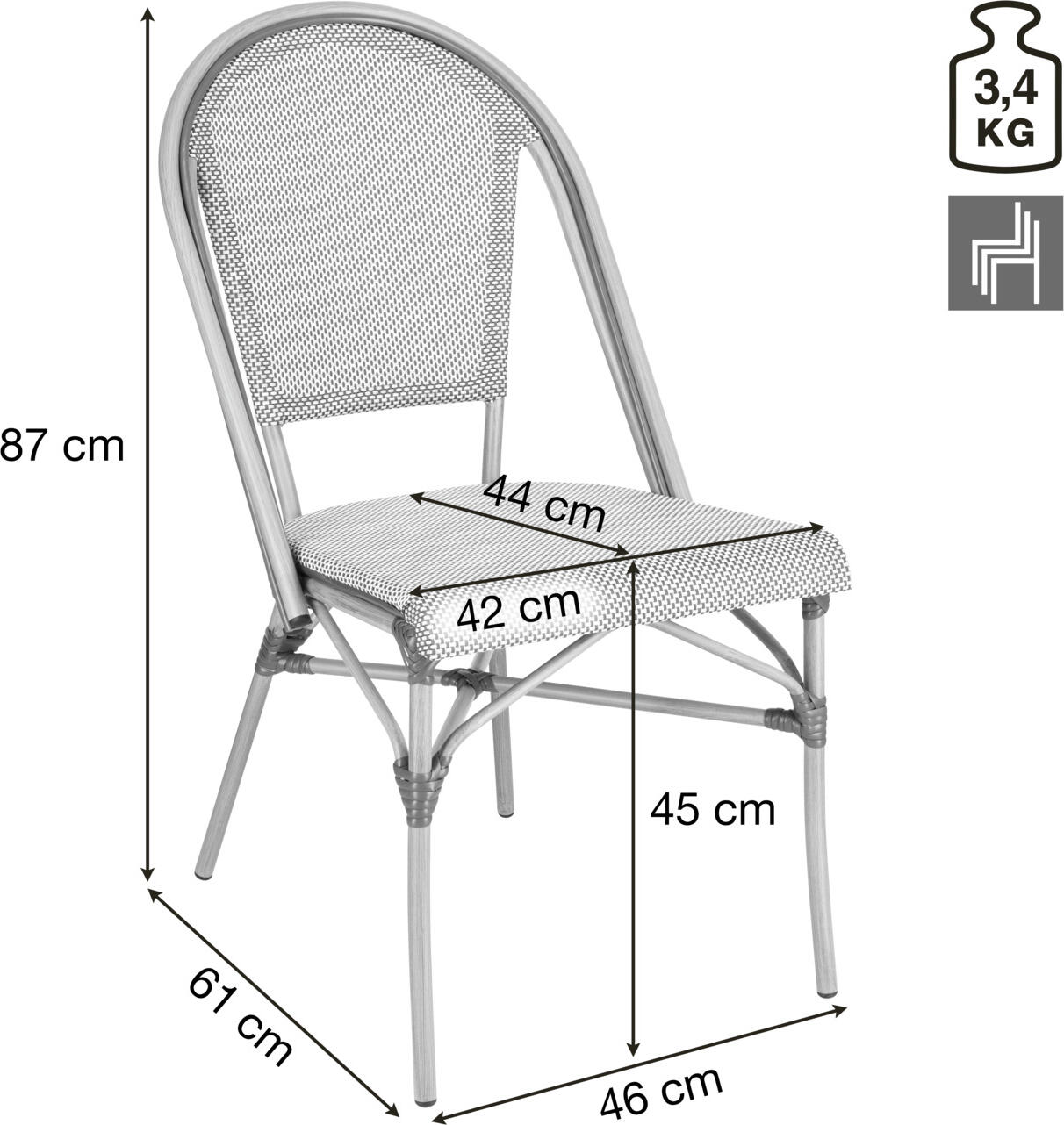 Scaun Bistro Exterior Stivuibil PULSIVA Alira, Cadru Aluminiu Vopsit Electrostatic, Scaun din Plastic Impletit, Rezistent la UV si Intemperii, 140kg