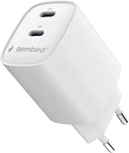 Incarcator rapid Gembird TA-UC-2C-PD45-01-W cu 2 porturi USB Type-C, 45W Power Delivery (PD), Priza EU, Alb