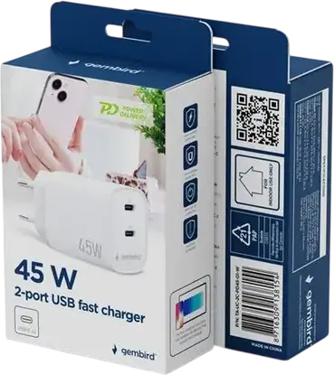 Incarcator rapid Gembird TA-UC-2C-PD45-01-W cu 2 porturi USB Type-C, 45W Power Delivery (PD), Priza EU, Alb