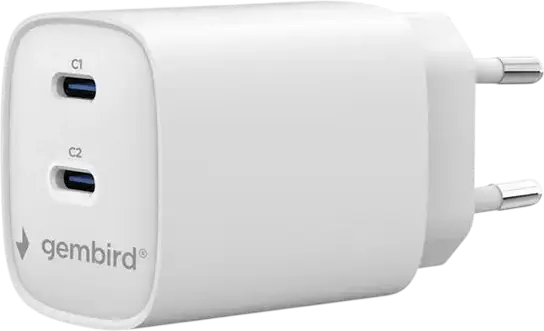 Incarcator rapid Gembird TA-UC-2C-PD45-01-W cu 2 porturi USB Type-C, 45W Power Delivery (PD), Priza EU, Alb