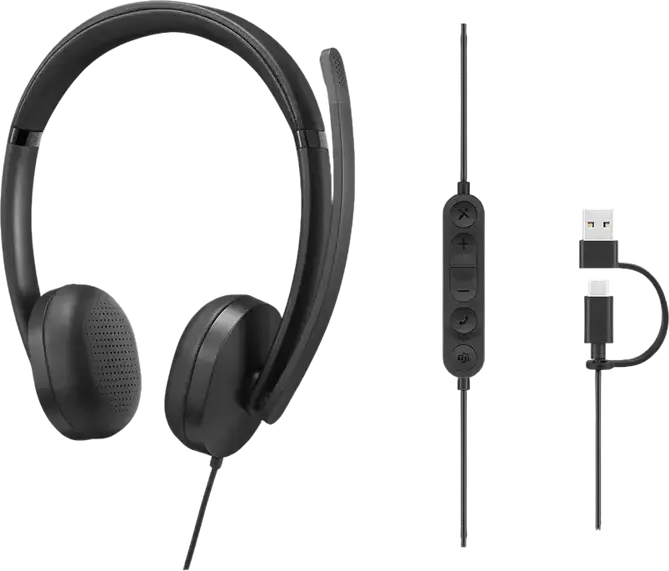 Casca Lenovo 5000 Wired VoIP 4XD1R88995, USB-C cu Adaptor USB-A, Reducere Zgomot AI, Certificare Microsoft Teams, Supra-aurala, Negru
