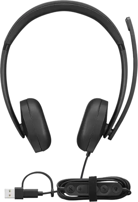 Casca Lenovo 5000 Wired VoIP 4XD1R88995, USB-C cu Adaptor USB-A, Reducere Zgomot AI, Certificare Microsoft Teams, Supra-aurala, Negru