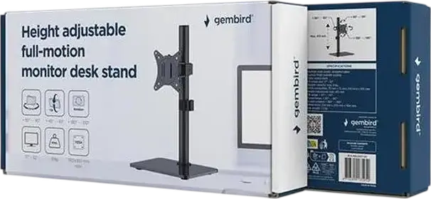 Кронштейн для монитора Gembird MS-D1ST-03, с регулировкой по высоте, полный диапазон движений, для экранов 17-32 дюйма, нагрузка 9 кг, VESA 75x75 100x100, закаленное стекло, черный