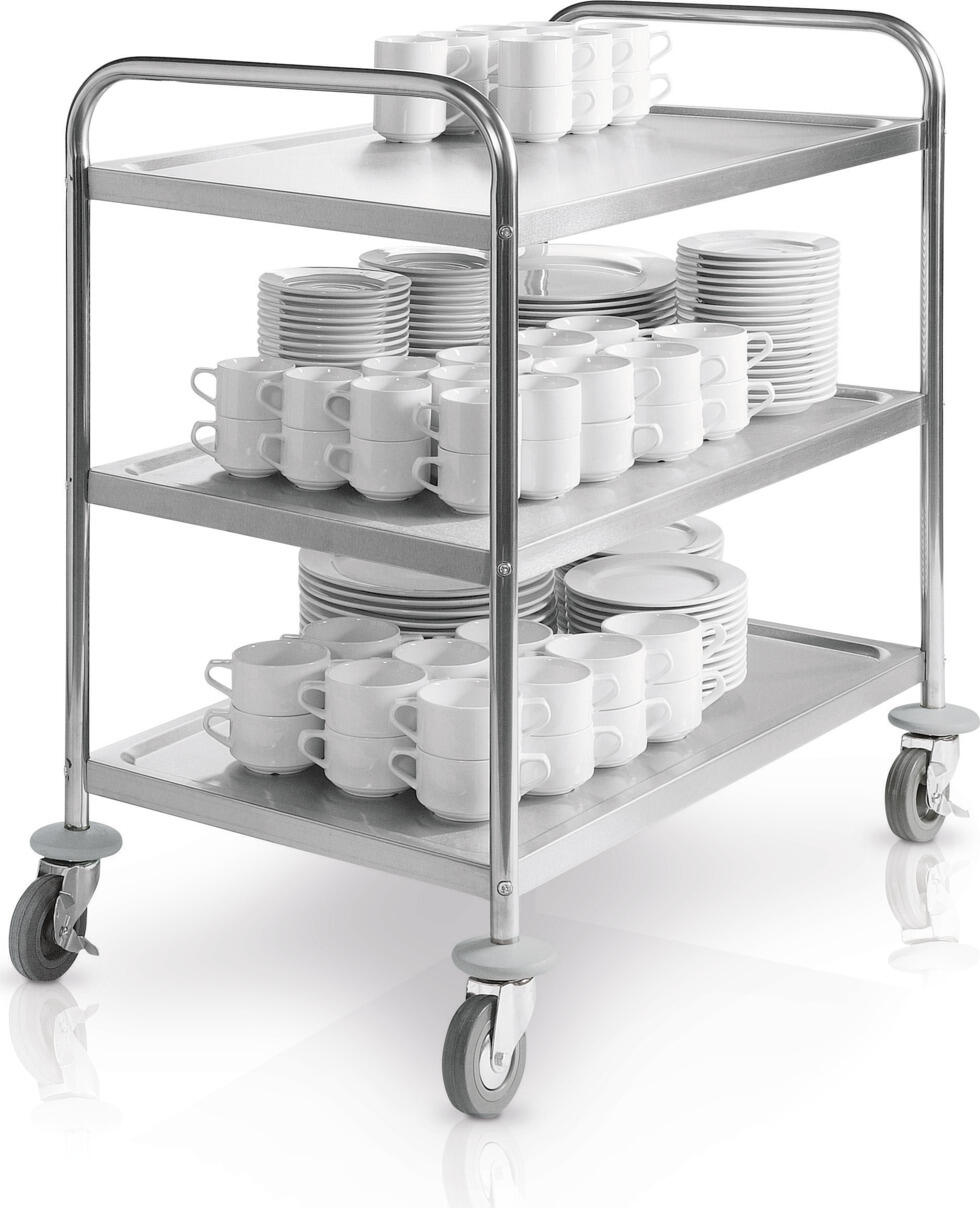 PULSIVA LUSINI Solutions GmbH Serving trolley Elementary 3BM Servierwagen Elementary 3BM Serving trolley Elementary 3BM; 89x54x93 cm (WxDxH); silver Servierwagen Elementary 3BM; 89x54x93 cm (BxTxH); silber Service trolley made of sturdy chrome steel 18/0 and equipped with three shelves that provide plenty of work space. Board is 40 kg, the maximum total load is 120 kg. Safe and easy transport of dishes, cutlery and more. Shelf size: 83x50.5 cm. Four castors, two of which have locks for secure footing. Supplied disassembled, easy assembly. Servicewagen aus robustem Chromstahledelstahl 18/0. Sicherer und einfacher Transport von Geschirr, Besteck und mehr. Vier Rollen, davon zwei Rollen mit Feststellern für einen sicheren Stand. Tragkraft max. 120 kg, je 40 kg pro Bord.  Lieferung erfolgt zerlegt, einfache Montage.