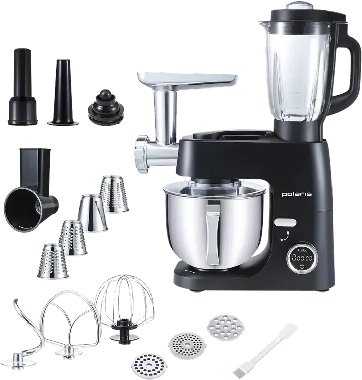 Robot de bucatarie Polaris PKM 1435 6-in-1, Mixer Planetar 1600W, Bol Inox 5L, Timer LCD, Angrenaje Otel ProGear, Carne si Blender, Negru