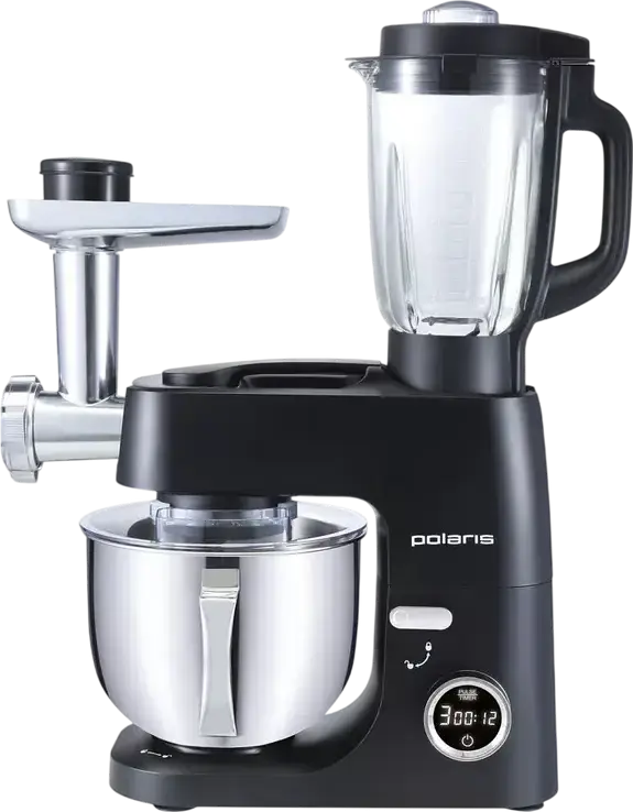 Robot de bucatarie Polaris PKM 1435 6-in-1, Mixer Planetar 1600W, Bol Inox 5L, Timer LCD, Angrenaje Otel ProGear, Carne si Blender, Negru