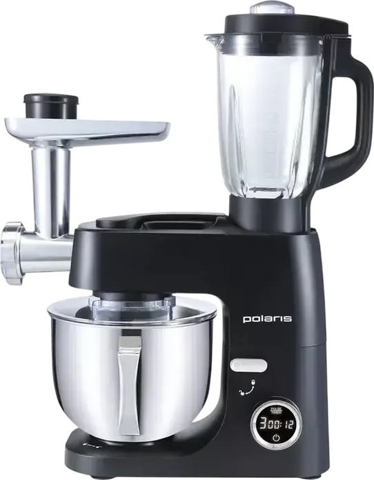 Robot de bucatarie Polaris PKM 1435 6-in-1, Mixer Planetar 1600W, Bol Inox 5L, Timer LCD, Angrenaje Otel ProGear, Carne si Blender, Negru