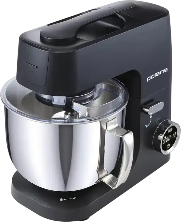 Robot de bucatarie Polaris PKM 1435 6-in-1, Mixer Planetar 1600W, Bol Inox 5L, Timer LCD, Angrenaje Otel ProGear, Carne si Blender, Negru