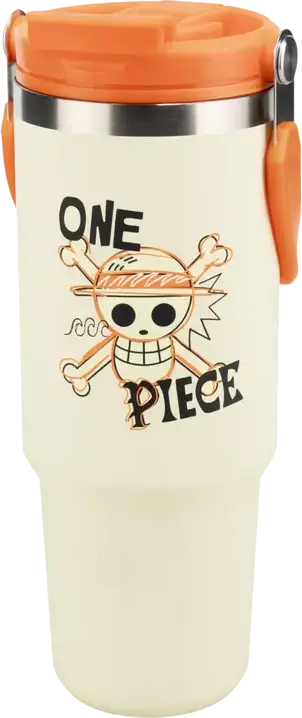 Термостакан Paladone One Piece PP16220OPNF, 900мл из нержавеющей стали с ручкой и крышкой с трубочкой, дизайн Straw Hat Pirates, кремовый
