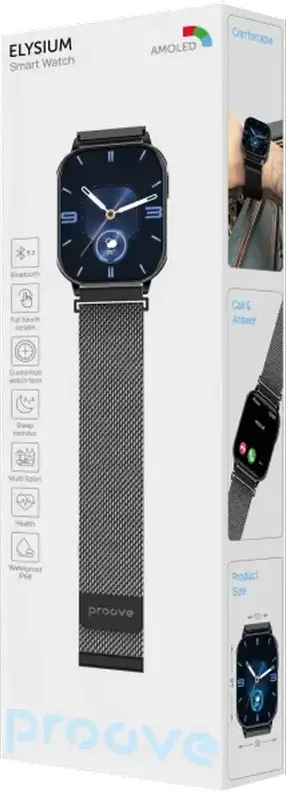 Smartwatch Proove Elysium, Ecran AMOLED 2.04 inch, Carcasă din Aliaj Aeronautic, Sticlă cu Strat de Diamant, Curea Milanese, Rezistență IP68, Negru Lucios