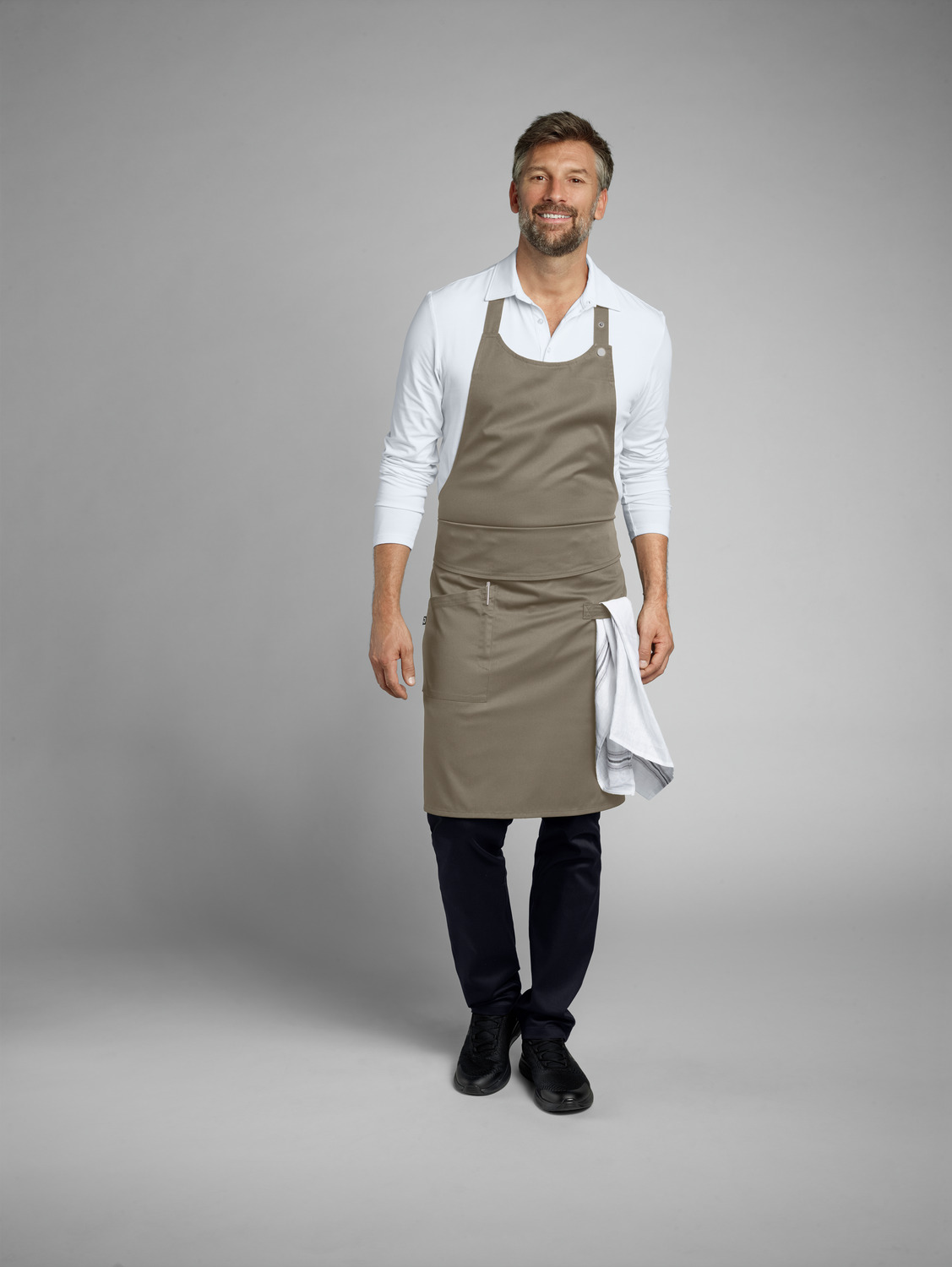 Jobeline Belt Bib Apron, Taupe, 88x80 cm, 65% Polyester 35% Cotton, Adjustable Neck Strap, Flexible Belt System, Side Patch Pocket with Pen Holder