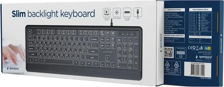 Gembird KB-UML-04-CYRL Slim Backlit Membrane Keyboard, USB Type-A, US/Cyrillic Layout, White Backlight, Multimedia Keys, Low Profile, Black