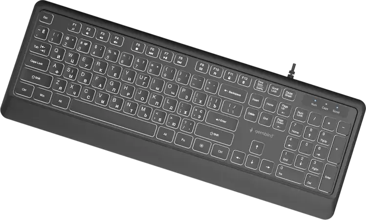 Gembird KB-UML-04-CYRL Slim Backlit Membrane Keyboard, USB Type-A, US/Cyrillic Layout, White Backlight, Multimedia Keys, Low Profile, Black