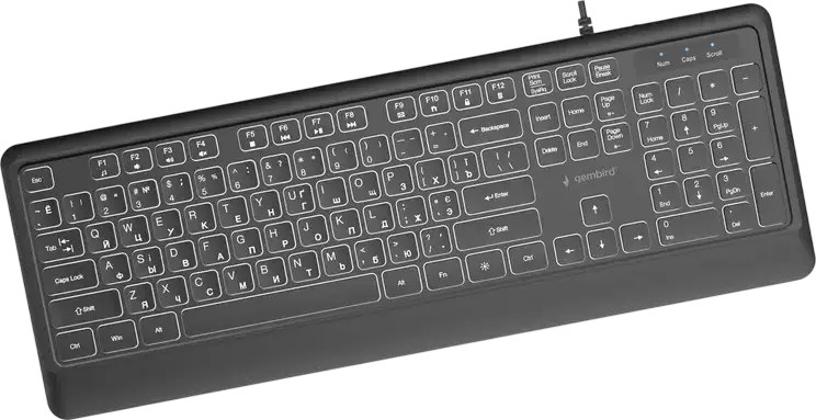 Gembird KB-UML-04-CYRL Slim Backlit Membrane Keyboard, USB Type-A, US/Cyrillic Layout, White Backlight, Multimedia Keys, Low Profile, Black