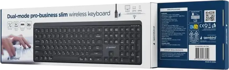 Gembird Slim Pro Business KB-WPS-03-CYRL Dual-Mode Wireless Keyboard, Bluetooth 5.0 & 2.4GHz, Low-Profile Chocolate Keys, Rechargeable USB-C, Black