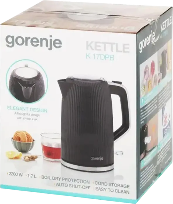 Fierbător electric Gorenje K17DPB Morning Duo, 1.7L, 2200W, Corp Plastic, Negru, Control Strix, Baza Rotativă 360 de grade, Protecție Fierbere Secate
