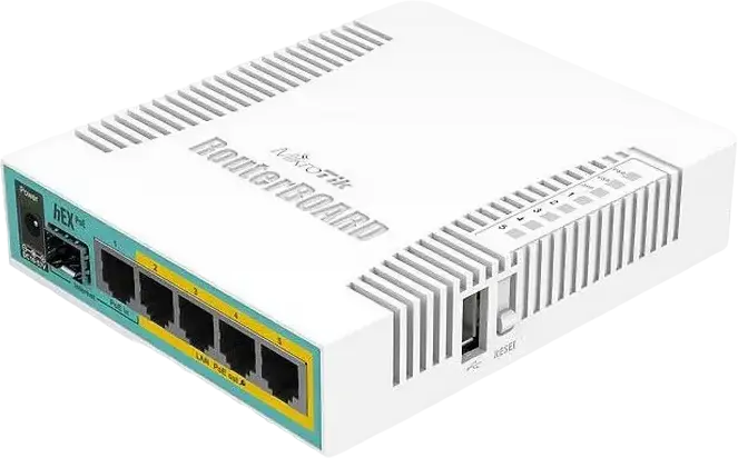 MikroTik hEX PoE RB960PG Gigabit Ethernet Router, 5x 10/100/1000 Mbps Ports, Passive PoE Out Ports 2-5, USB Type A, RouterOS Level 4, White