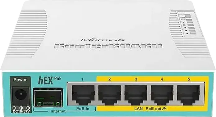 MikroTik hEX PoE RB960PG Gigabit Ethernet Router, 5x 10/100/1000 Mbps Ports, Passive PoE Out Ports 2-5, USB Type A, RouterOS Level 4, White