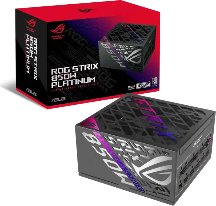 Блок питания ASUS ROG Strix 850W Platinum, ATX 3.1, 80 PLUS Platinum, Полностью модульный, PCIe 5.1 12V-2x6, GaN MOSFET, вентилятор 0дБ, черный
