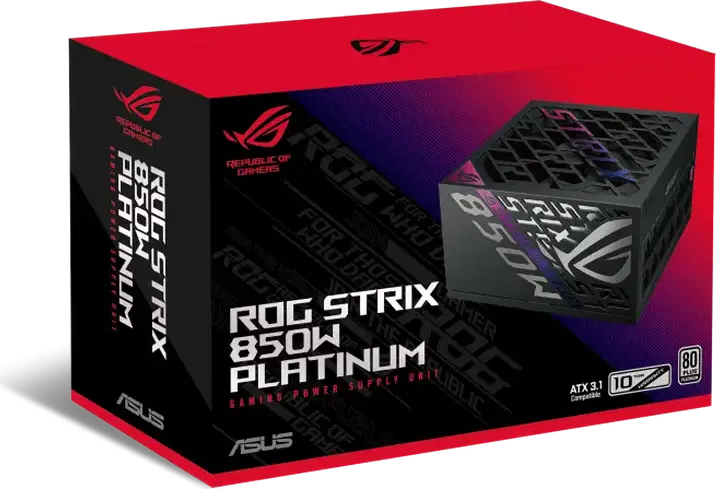Блок питания ASUS ROG Strix 850W Platinum, ATX 3.1, 80 PLUS Platinum, Полностью модульный, PCIe 5.1 12V-2x6, GaN MOSFET, вентилятор 0дБ, черный