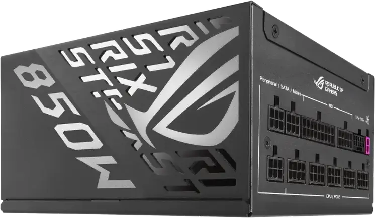 Блок питания ASUS ROG Strix 850W Platinum, ATX 3.1, 80 PLUS Platinum, Полностью модульный, PCIe 5.1 12V-2x6, GaN MOSFET, вентилятор 0дБ, черный