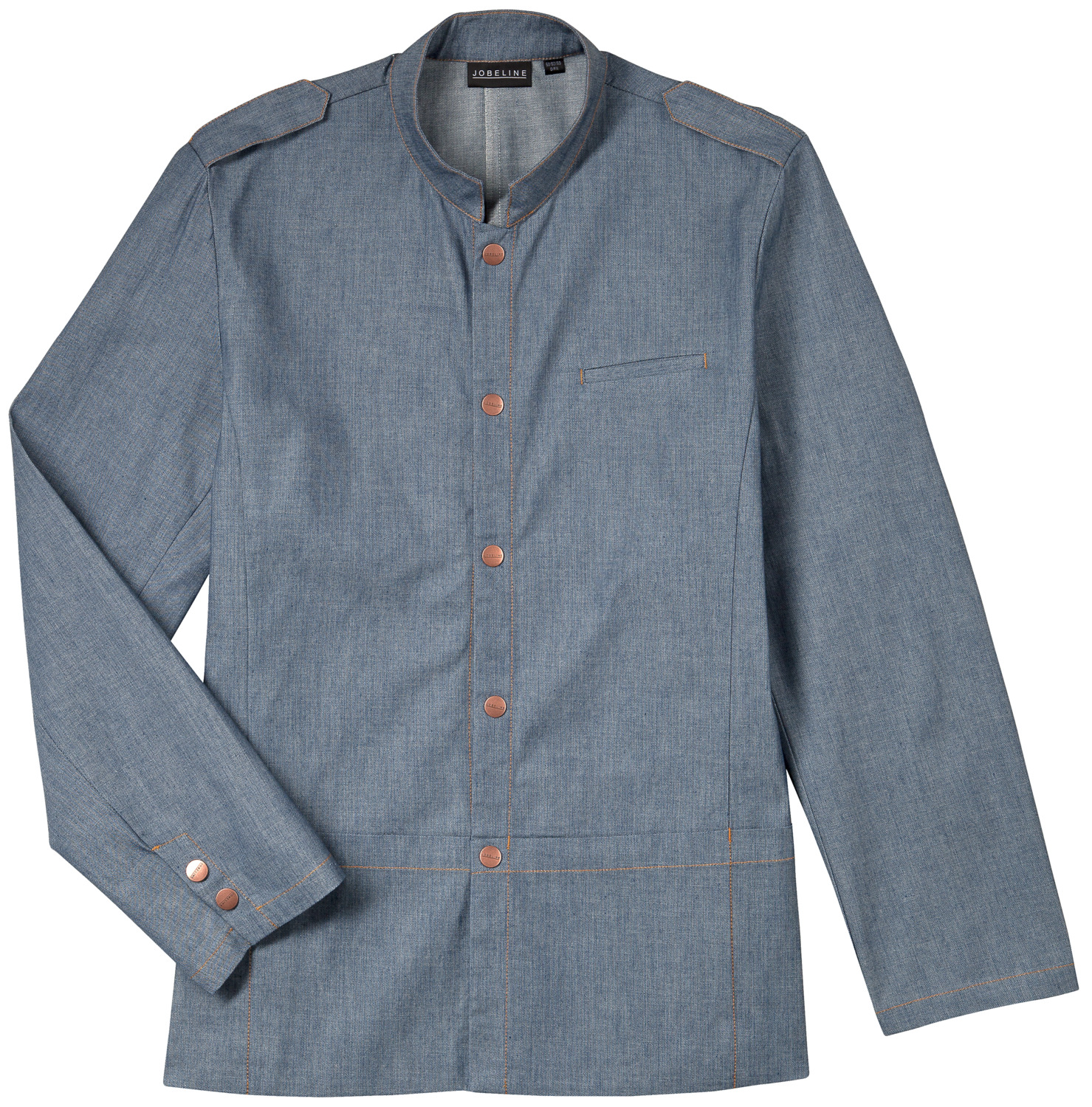 JOBELINE LUSINI Solutions GmbH Men's service jacket May denim Herrenservicejacke May Denim Men's service jacket May denim; Size 50; light-denim Herrenservicejacke May Denim; Kleidergröße 50; denim hell Service jackets for women and men with two belly pockets, firmly sewn buttons (in denim with press buttons) and back slit. Men's model with chest pocket. The black and white jackets are made of innovative WERIN TEC light material: This makes the jacket breathable, dries quickly and has an active moisture management. The jackets made of real denim have decorative shoulder flaps. white & black: 58 % cotton, 42 % polyester. 180 g/m². 60 °C wash. denim light: 100 % cotton. 225 g/m². 60°C wash. Back length women: 65 cm for size 36. Back length men: 75 cm for size 50. Ein einheitlicher Look für Ihr Servicepersonal: Die Servicejacke May für Herren im trendigen Uniform-Look macht’s möglich! Die Herrenservicejacke besteht aus hellem, elegantem Denim und erinnert mit ihren Druckknöpfen, dem Stehkragen und den Schulterklappen an eine Uniformjacke. Verschiedene Taschen an der Servierjacke sorgen dafür, dass Ihr Servicepersonal alle wichtigen Dinge immer griffbereit hat. * Servicejacke für Herren aus Denim im Uniform-Look * leicht taillierter Schnitt * mit zwei Bauchtaschen, Brusttasche, dekorativen Schulterklappen, Druckknöpfen und Rückenschlitz * Rückenlänge: 75 cm bei Größe 50 * aus 100% Baumwolle (Denim) * Maschinenwäsche bei 40 °C * Gewicht 255 g/qm Die leicht tailliert geschnittene Servicejacke May für Herren sieht nicht nur cool aus, sondern ist auch wunderbar pflegeleicht: Sie kann bei 40 °C in der Waschmaschine gewaschen werden und ist formbeständig. Setzen Sie auf einen individuellen und trotzdem einheitlichen Look für Ihr Servicepersonal. Die Herrenservicejacke May denim ist hier die richtige Wahl!