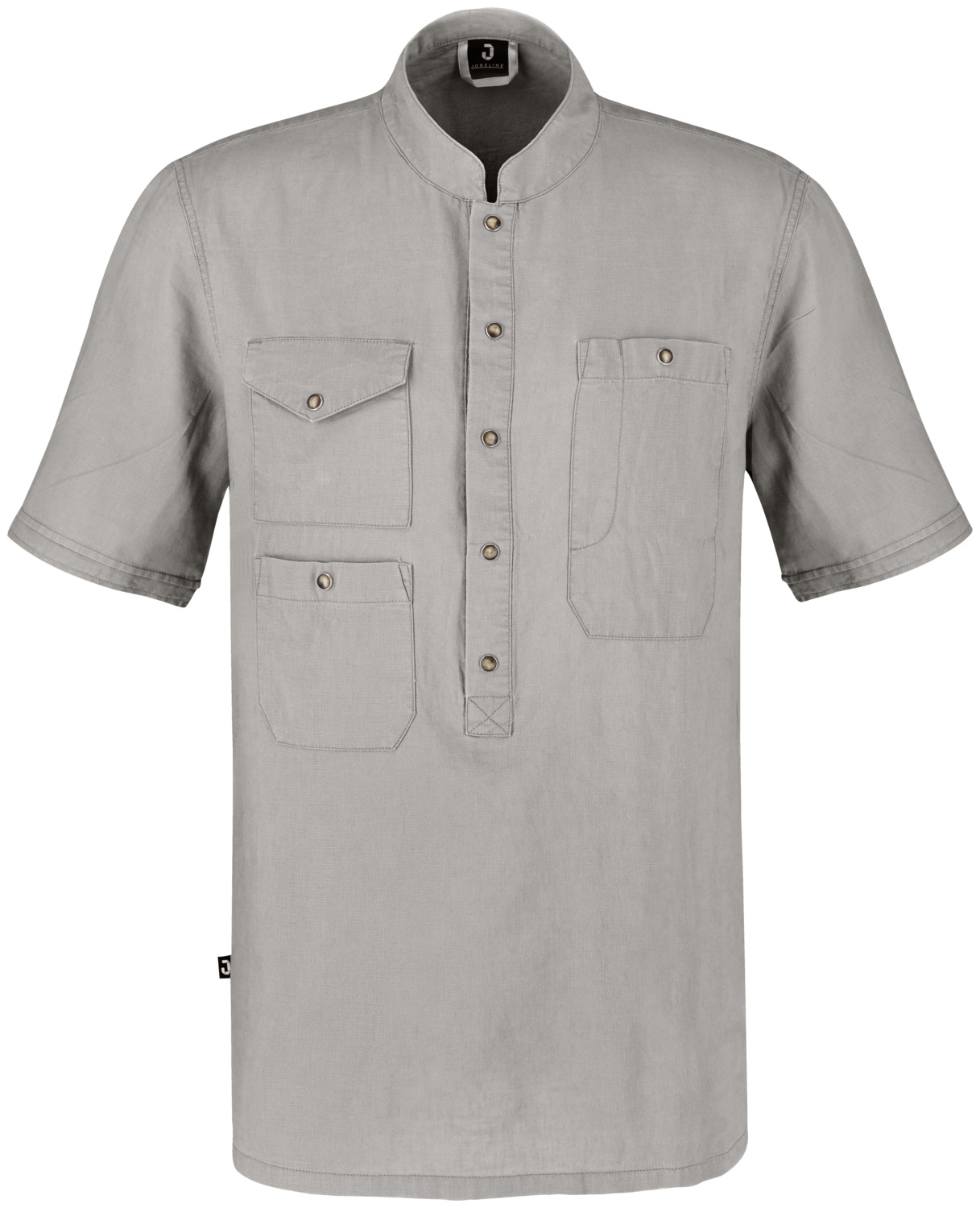 JOBELINE LUSINI Solutions GmbH Men's chef's shirt Jacob short-sleeved Herren Kochshirt Jacob Kurzarm Men's chef's shirt Jacob short-sleeved; Size 52; grey Herren Kochshirt Jacob Kurzarm; Kleidergröße 52; grau 45 % cotton, 55 % linen, 180 g/m². 60 °C wash. Lightweight, short-sleeved shirt for men made of robust and breathable cotton linen fabric. Once pre-washed it gets its distinctive, slightly creased linen look.  With stand-up collar, three patch pockets with snap buttons and bib loop at the neck. The deep button placket at the front with high-quality snaps makes it easy to put on over the head. Straight cut. Back length: 76 cm for size 50. 45 % Baumwolle, 55 % Leinen, 180 g/m². 60°-Wäsche. Leichtes, kurzärmeliges Hemd für Herren aus robustem und atmungsaktivem Baumwoll-Leinengewebe. Einmal vorgewaschen bekommt es seinen unverwechselbaren, leicht knitterigen Leinen-Look.  Mit Stehkragen, drei aufgesetzten Taschen mit Druckknöpfen und Latzschürzenschlaufe im Nacken. Die tiefe Knopfleiste vorne mit hochwertigen Druckknöpfen erleichtert das Anziehen über den Kopf. Gerade geschnitten. Rückenlänge: 76 cm in Gr 50