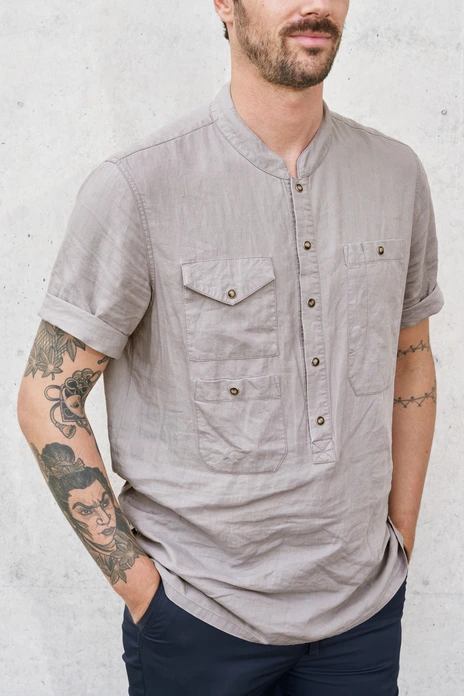 Jobeline Jacob Men's Short-Sleeved Chef's Shirt, Size 44, Cotton-Linen Blend 180 g/m², Breathable Straight Cut with Stand-up Collar and Snap Pockets