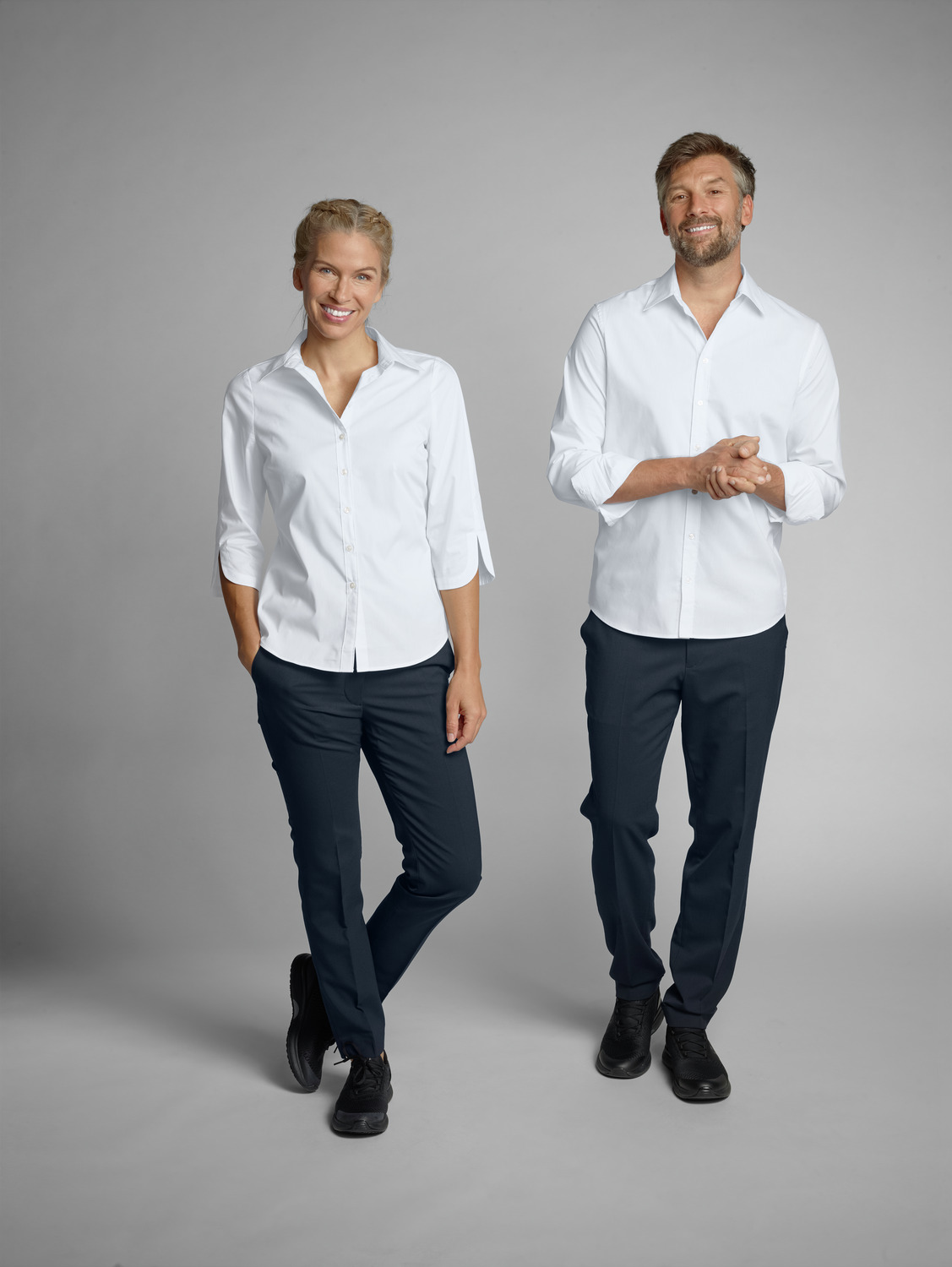 Jobeline Porter Women's Long-Sleeved Blouse, White, Cotton-Polyester Blend, Regular Fit with Shirt Collar and Rounded Hem