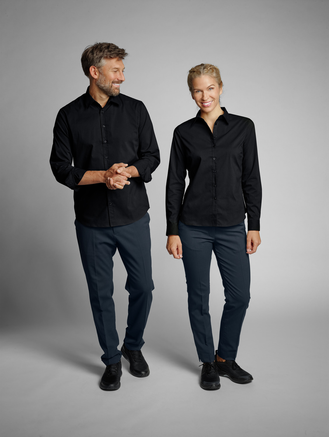 Jobeline Porter Women's Long-Sleeved Blouse, Black, Cotton-Polyester Blend, Regular Fit with Shirt Collar and Rounded Hem