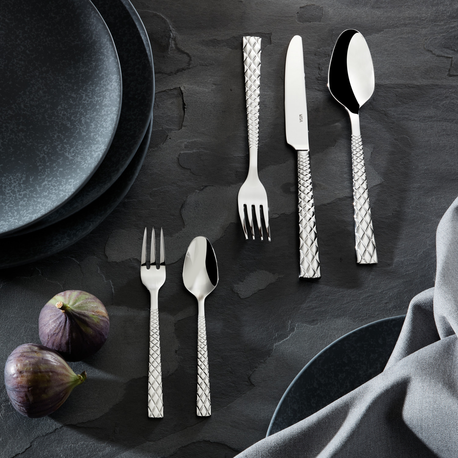 VEGA Brilio 5-Piece Cutlery Sample Set, 13/0 Stainless Steel, Mirror Finish, Silver Relief Diamond Pattern Handle