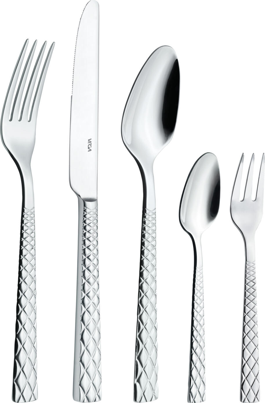 VEGA Brilio 5-Piece Cutlery Sample Set, 13/0 Stainless Steel, Mirror Finish, Silver Relief Diamond Pattern Handle