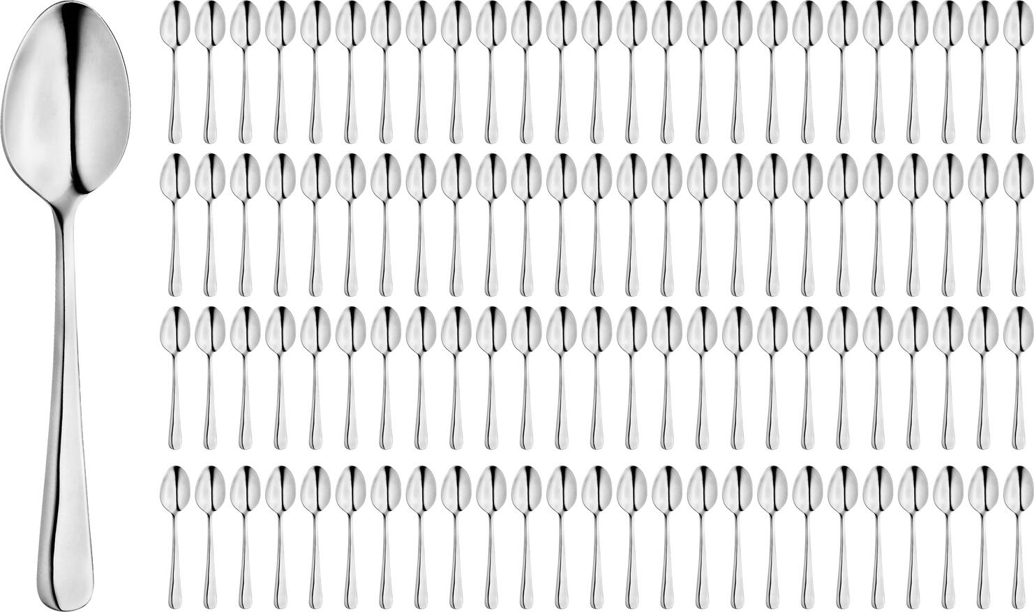 PULSIVA LUSINI Solutions GmbH Value pack coffee spoon Florenz 100 pieces Vorteilspack Kaffeelöffel Florenz 100 Stück Value pack coffee spoon Florenz 100 pieces; 14.5 cm (L); silver, handle silver; 100 piece / pack Vorteilspack Kaffeelöffel Florenz 100 Stück; 14.5 cm (L); silber, Griff silber; 100 Stück / Pack Chrome stainless steel 18/0. Plain coffee spoon. Material thickness 2.2 mm (measured at the strongest point of the table fork). Suitable for dishwasher. Chrom-Edelstahl 18/0, rostfrei. Dieses Vorteilspack umfasst 100 Kaffeelöffel Florenz aus Chrom Edelstahl 18/0 – ideal für Betriebe mit hohem Gästeaufkommen wie Hotels, Restaurants, Kantinen oder Cateringservices. Die Löffel überzeugen mit einer 2,2 mm (gemessen an der stärksten Stelle der Menügabel) starken Verarbeitung, die für spürbare Stabilität sorgt, sowie einer hochglanzpolierten Oberfläche, die jedem Tisch ein gepflegtes Erscheinungsbild verleiht. Dank des pflegeleichten Materials sind die Löffel spülmaschinengeeignet und damit optimal auf den intensiven Einsatz im professionellen Alltag vorbereitet. Ihr schlichtes, zeitloses Design lässt sich mühelos in jede bestehende Besteckserie integrieren. Ihre Vorteile auf einen Blick: • Spülmaschinengeeignet – hygienisch & leicht zu reinigen • Magnetisch – kompatibel mit Polier- und Sortiersystemen • Nickelfrei – geeignet für Allergiker • Preis-Leistungsstark – große Menge, starke Qualität