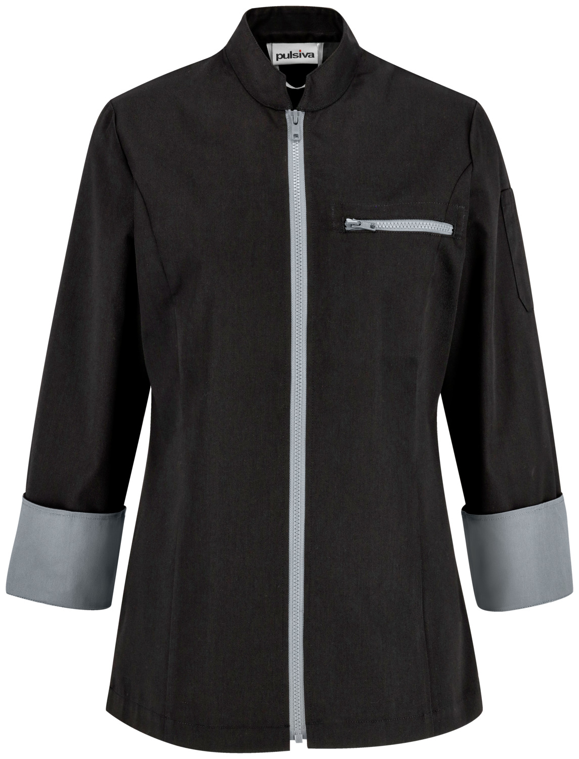 PULSIVA LUSINI Solutions GmbH Women's chef jacket Lorenzo Damenkochjacke Lorenzo Women's chef jacket Lorenzo; Size 34; black Damenkochjacke Lorenzo; Kleidergröße 34; schwarz 65 % polyester, 35 % cotton. 200 g/m². 60 °C wash Modern, long-sleeved women's chef jacket with contrasting zipper at the center of the front. With a classic short wing collar, a breast pocket with contrasting zipper and turn-up cuffs in a contrasting color. Length of back: 70 cm (size 36) 65 % Polyester, 35 % Baumwolle. 200 g/m². 60°-Wäsche Moderne, langärmlige Damenkochjacke mit Kontrastreißverschluss in der vorderen Mitte. Mit klassischem kurzen Stehkragen, einer Brusttache mit Kontrastreißverschluss, sowie Aufschlagmanschetten in Kontrastfarbe. Rückenlänge: 70 cm in Gr. 36