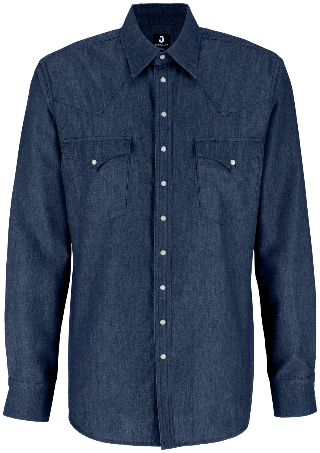 JOBELINE LUSINI Solutions GmbH Men's denim shirt Ryan long sleeve Herren Jeanshemd Ryan Langarm Men's denim shirt Ryan long sleeve; Size 43/44; dark-blue Herren Jeanshemd Ryan Langarm; Kleidergröße 43/44; dunkelblau 74 % cotton, 26 % polyester. 135 g/m². 40°C wash. Modern western-style denim shirt with tapered shoulder and back yoke and a classic shirt collar. With two patch breast pockets, classic cuffs on the sleeve hem and a rounded hem. Centre button placket and breast pockets with press studs in a mother-of-pearl look. Slim fit cut. Thanks to the high cotton content, the shirt will acquire its typical and unmistakable denim used look over time. Back length: 78 cm for size 39/40. 74 % Baumwolle, 26 % Polyester. 135 g/m². 40°-Wäsche. Modernes Jeanshemd im Westernstil mit spitz zulaufender Schulter- und Rückenpasse, sowie einem klassischen Hemdenkragen. Mit zwei aufgesetzten Brusttaschen, klassischen Manschetten am Ärmelsaum und abgerundetem Saum. Mittlere Knopfleiste, sowie Brusttaschen mit Druckknöpfen in Perlmuttoptik. Slim Fit geschnitten. Dank des hohen Baumwollanteils bekommt das Hemd mit der Zeit seinen typischen und unverwechselbaren Jeans Used-Look. Rückenlänge: 78 cm in Gr. 39/40