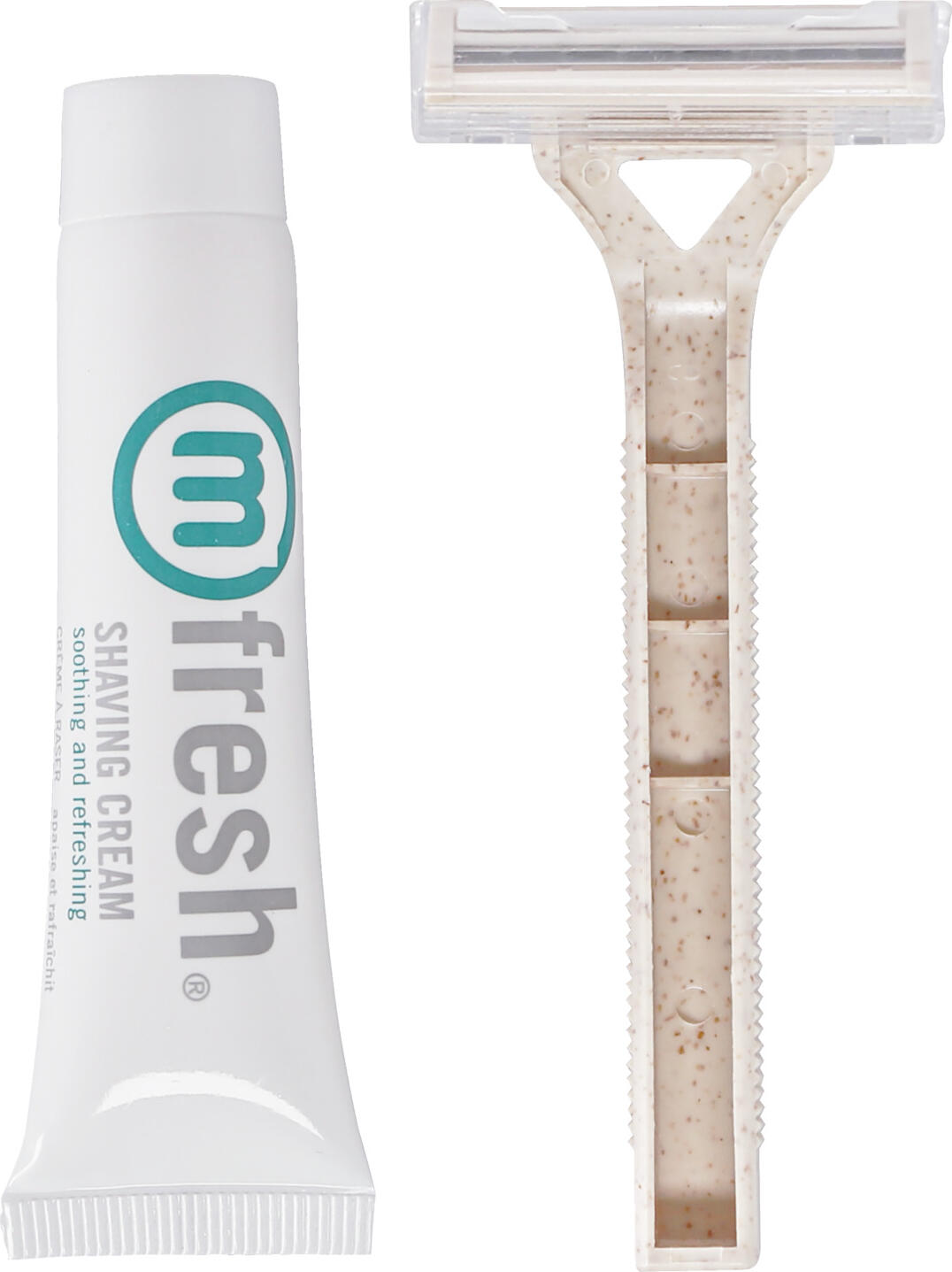 V-Touch LUSINI Solutions GmbH Hotel shaving set Nature Hotel Rasier-Set Nature Hotel shaving set Nature; white; 25 piece / pack Hotel Rasier-Set Nature; weiß; 25 Stück / Pack Functional shaving set V-Touch Nature, razor made from straw. The shaving handle is made from 100% plant-based raw materials. The V-Touch Nature shaving set consists of a 2-blade razor and a shaving cream (15 g) in a sachet. Ideal for use in hotels and guesthouses. The shaving set is part of the environmentally friendly V-Touch Nature hotel cosmetics series, which is made from renewable, plant-based raw materials (corn/straw starch). Biodegradable, gentle and sustainable for you and nature. Another plus point is the environmentally friendly, simple paper packaging of the V-Touch Nature accessories series, which can be perfectly combined with all V-Touch cosmetic series. You receive the V-Touch Nature shaving set in a practical pack of 50, with each set individually packaged. Funktionales Rasier-Set V-Touch Nature, Rasierer aus Strohstärke. Der Rasiergriff besteht zu 100% aus pflanzlichen Rohstoffen. Das Rasier-Set V-Touch Nature besteht aus einem 2-Klingen-Rasierer und einer Rasiercreme (15 g) im Sachet. Ideal geeignet für die Nutzung in Hotels und Pensionen. Das Rasier-Set ist Teil der umweltschonenden Hotel-Kosmetikserie V-Touch Nature, welche aus nachwachsenden, pflanzlichen Rohstoffen (Mais-/Strohstärke) hergestellt wird. Biologisch abbaubar, schonend und nachhaltig für Sie und die Natur. Ein weiterer Pluspunkt ist die umweltfreundliche, schlichte Papierverpackung der Accessoires-Serie V-Touch Nature, die sich mit allen Kosmetik-Serien von V-Touch perfekt kombinieren lässt. Sie erhalten das Rasier-Set V-Touch Nature im praktischen 50er-Paket, wobei jedes Set einzeln verpackt ist.