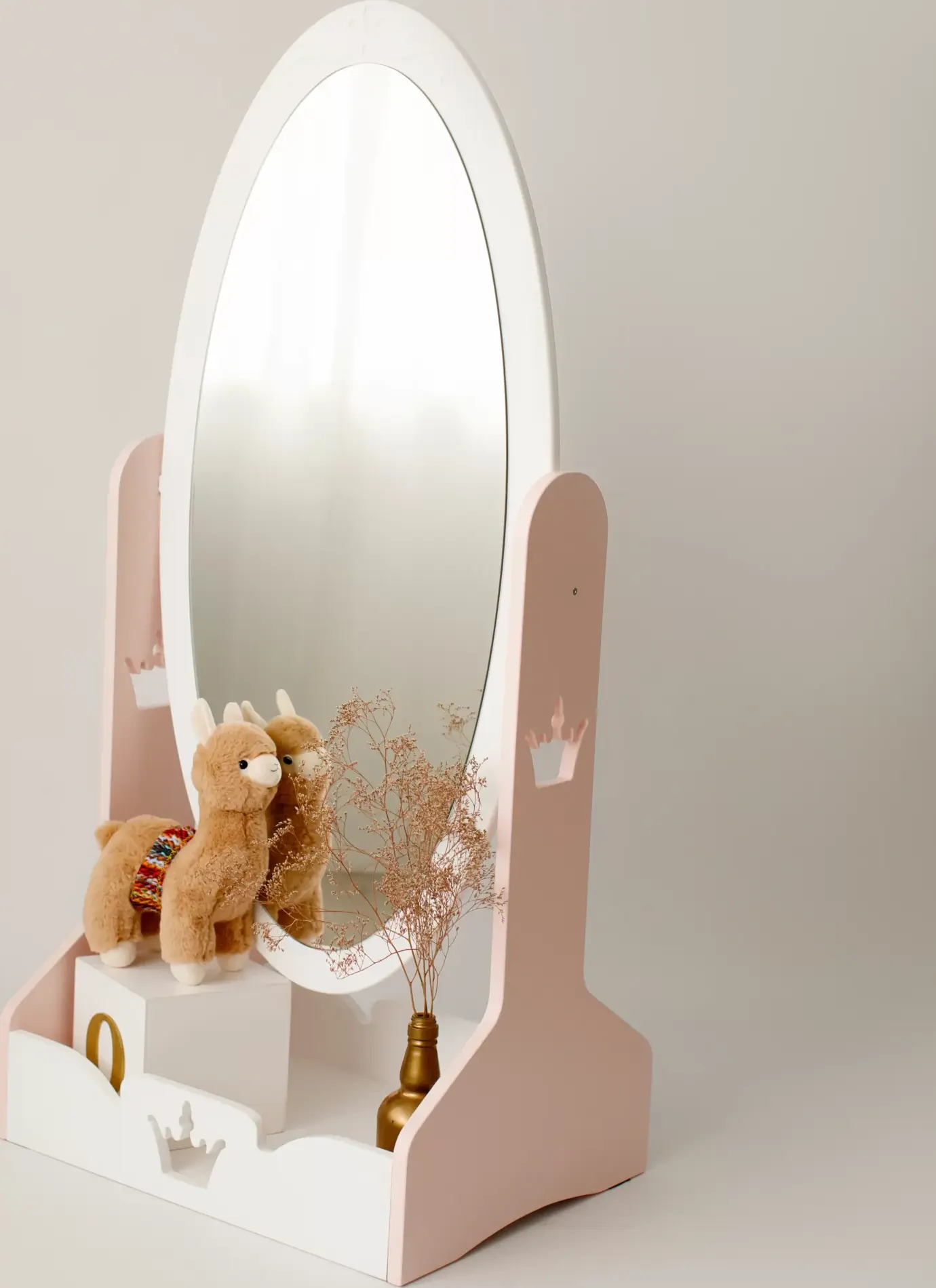 Timberkids Children's Crown Mirror with Toy Storage, MDF and Plywood, Eco Water-Based Paint, 60x45x130 cm, Handmade