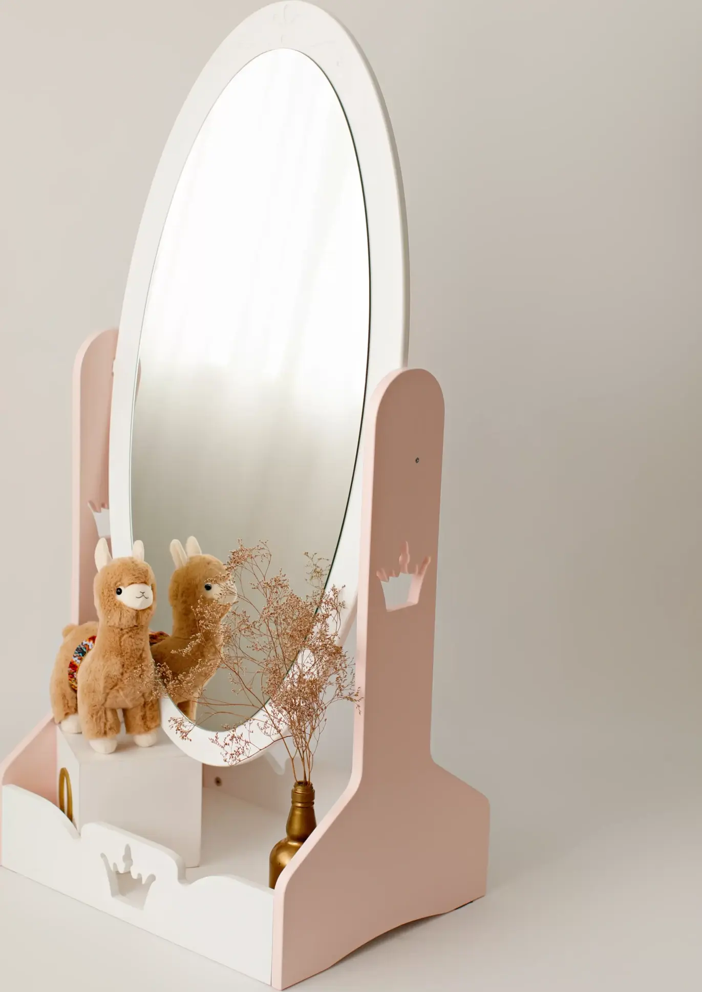 Timberkids Children's Crown Mirror with Toy Storage, MDF and Plywood, Eco Water-Based Paint, 60x45x130 cm, Handmade