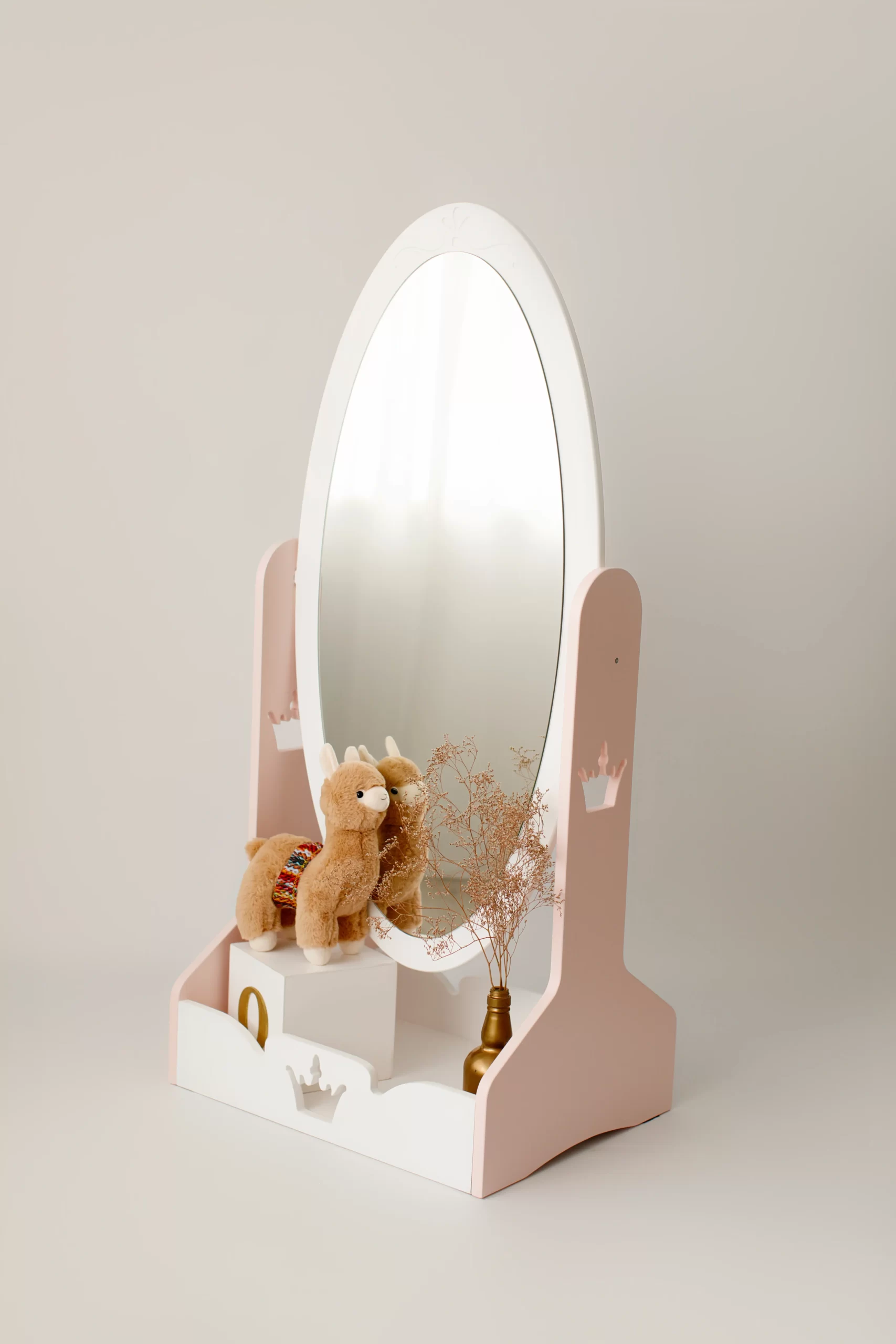 Timberkids Children's Crown Mirror with Toy Storage, MDF and Plywood, Eco Water-Based Paint, 60x45x130 cm, Handmade