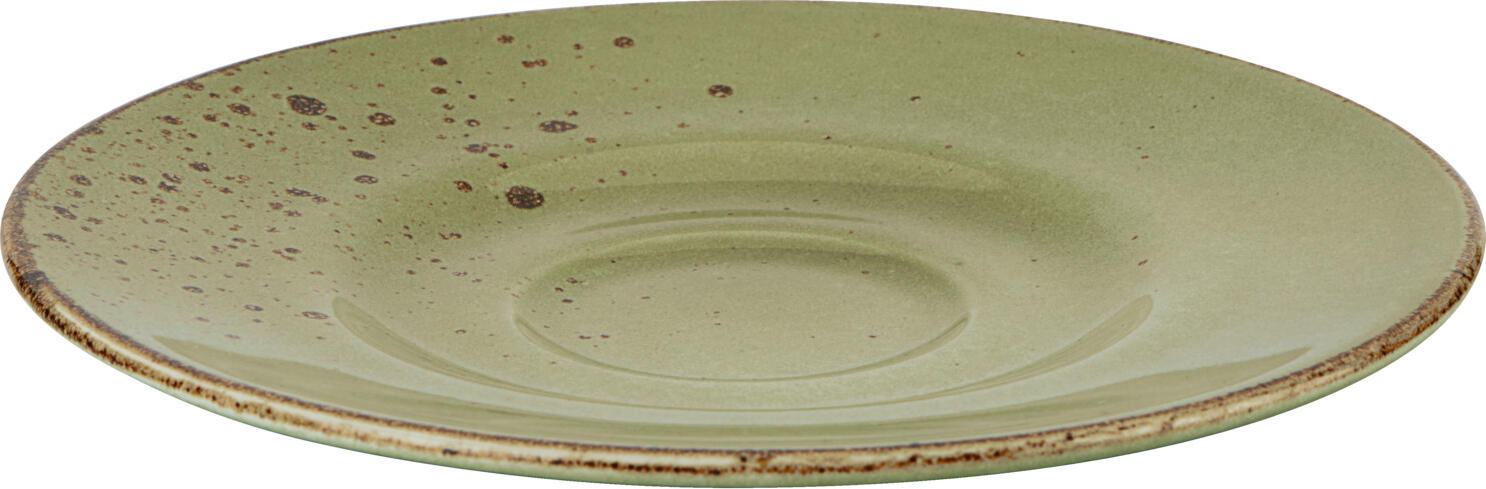 VEGA Palana Coffee Saucers, Basswood Green Colored Stoneware, 16.5 cm Round with Irregular Edges and Speckled Finish, Dishwasher and Microwave Safe, Set of 6