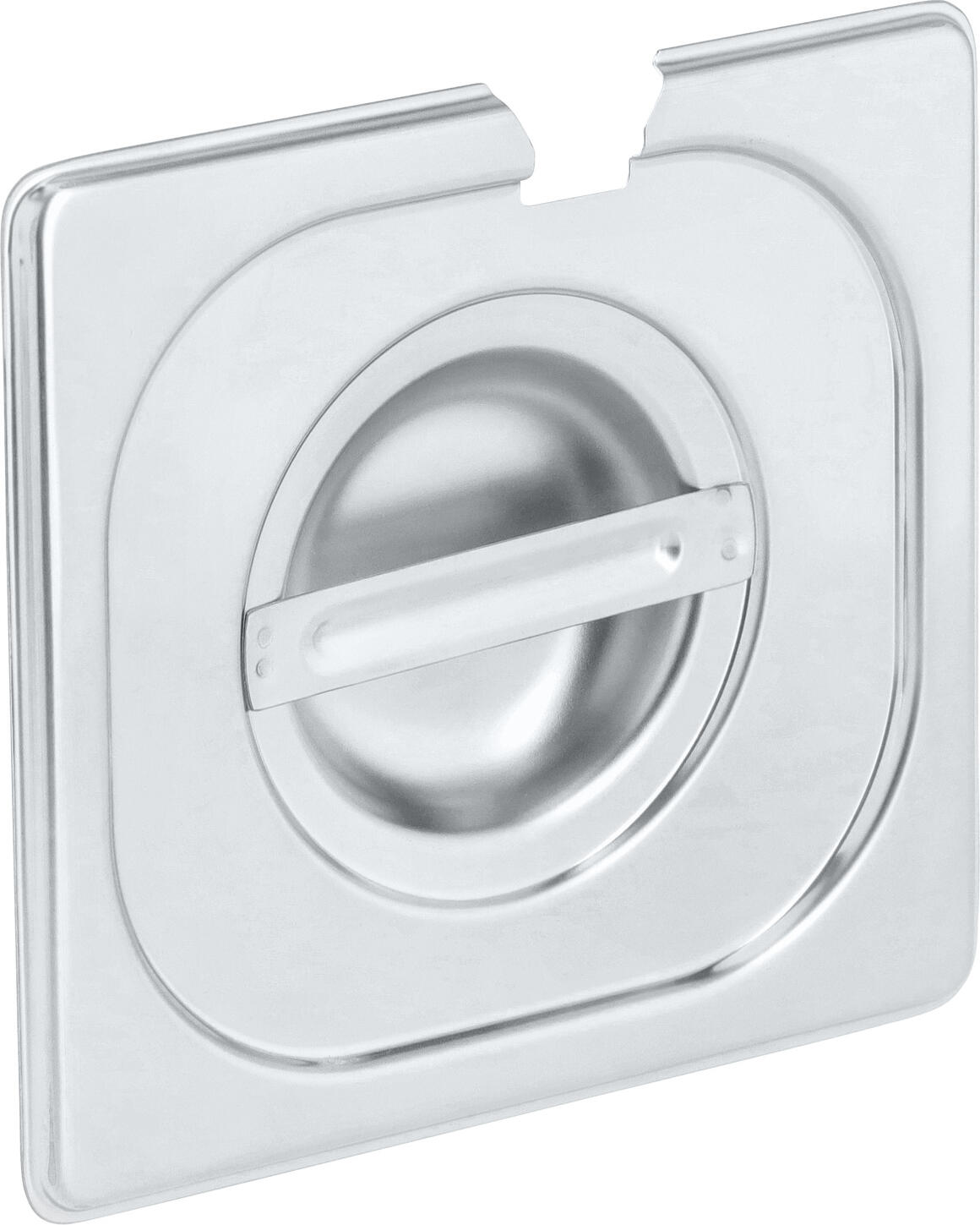 PULSIVA LUSINI Solutions GmbH GN lid 1/6 Smart  with spoon recess GN-Deckel 1/6 Smart  mit Löffelaussparung GN lid 1/6 Smart  with spoon recess; GN 1/6, 17.6x16.2 cm (LxW); silver GN-Deckel 1/6 Smart  mit Löffelaussparung; GN 1/6, 17.6x16.2 cm (LxB); silber Stainless steel GN lids. Suitable for GN containers from the Basic range. Dishwasher safe. With spoon recess. GN-Deckel aus Edelstahl, rostfrei. Passend für GN-Behälter der Serie Smart. Spülmaschinenfest. Mit Löffelaussparung.