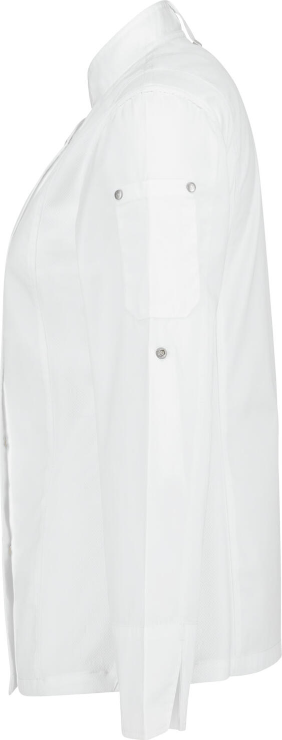 Jacketă Bucatar Jobeline Carter Dame, Albă, Mâneca Lungă, 65% Poliester 35% Bumbac, Insertii Mesh Respirabile, Închidere Cu Snapuri Ascunse, OEKO-TEX