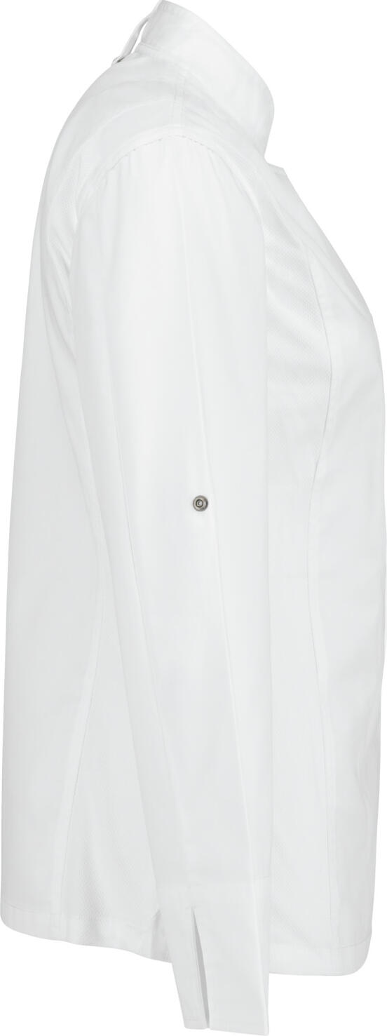 Jacketă Bucatar Jobeline Carter Dame, Albă, Mâneca Lungă, 65% Poliester 35% Bumbac, Insertii Mesh Respirabile, Închidere Cu Snapuri Ascunse, OEKO-TEX