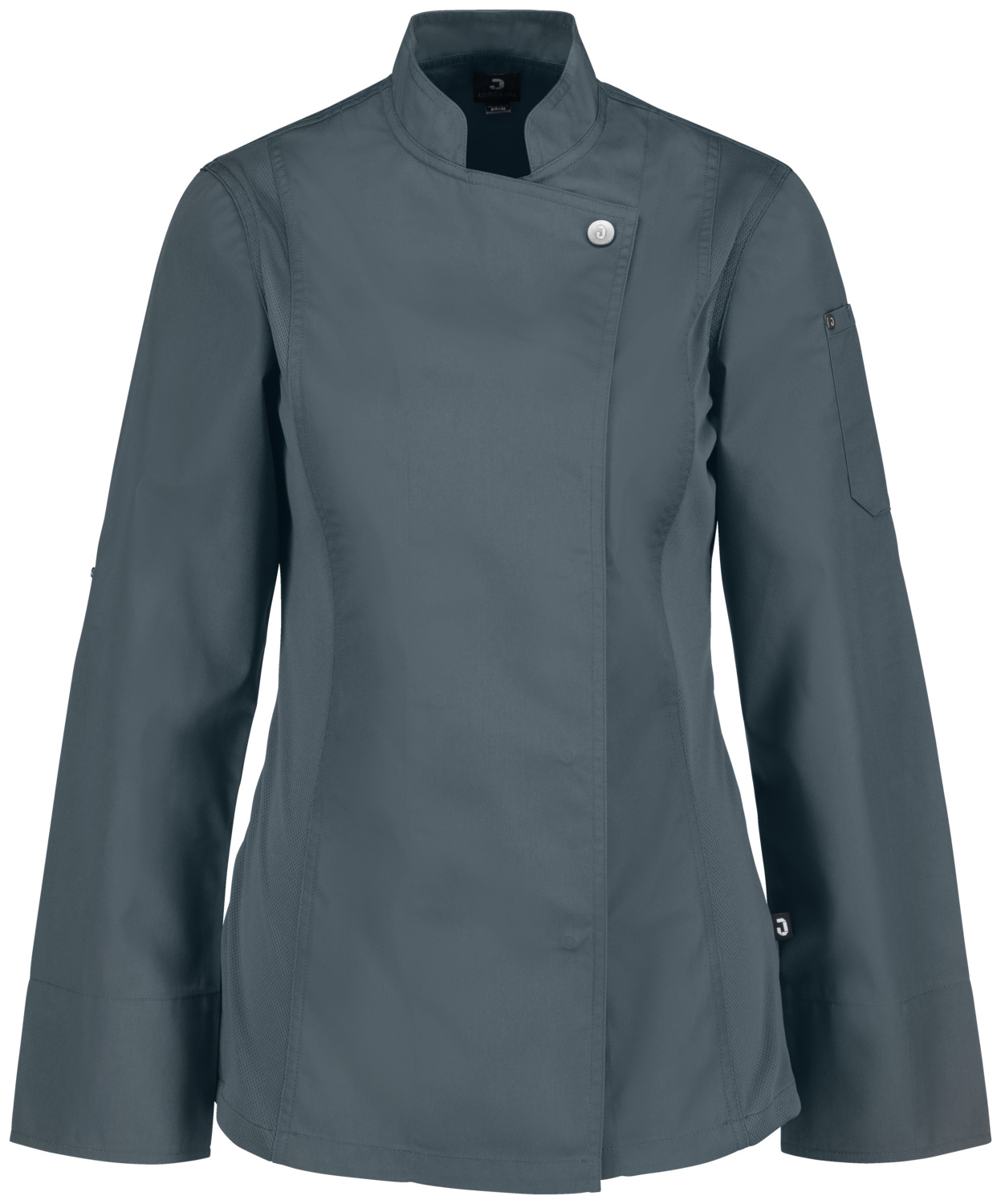 JOBELINE LUSINI Solutions GmbH Women's chef's jacket Carter long-sleeved Damen Kochjacke Carter Langarm Women's chef's jacket Carter long-sleeved; Size 38; greyish blue Damen Kochjacke Carter Langarm; Kleidergröße 38; graublau 65 % polyester, 35 % cotton. 150 g/m². 60 °C wash. Long-sleeved women's chef jacket made of extra-lightweight but sturdy fabric. With stand-up collar, breathable mesh inserts on the side, two-section upper arm pocket and bib apron loop in the neck. Closes with snaps in a concealed snap placket. Long sleeves with practical roll-up function. Slightly waisted cut. Back length: 68 cm for size 36. 65 % Polyester, 35 % Baumwolle. 150 g/m². 60°-Wäsche Langärmlige Damenkochjacke aus extra leichtem, aber robustem Gewebe. Mit Stehkragen, atmungsaktiven Mesh-Einsätzen an der Seite, zweigeteilter Oberarmtasche und Latzschürzenschlaufe im Nacken. Verschließbar mit Druckknöpfen in einer verdeckten Druckknopfleiste. Lange Ärmel mit praktischer Roll-Up-Funktion. Leicht tailliert geschnitten. Rückenlänge: 68 cm in Gr. 36
