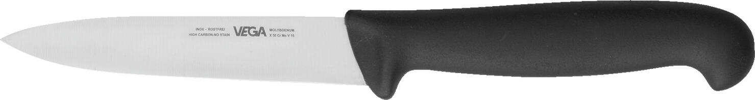 VEGA LUSINI Solutions GmbH Paring knife Messina Spickmesser Messina Paring knife Messina; Blade length 11 cm, 21.5 cm (L); black/silver Spickmesser Messina; Klingenlänge 11 cm, 21.5 cm (L); schwarz/silber Larding knife made of chrome molybdenum vanadium steel, extremely resistant to corrosion. Stamped blade with long-lasting sharpness. Ergonomically shaped handle made of non-slip plastic allows comfortable cutting. Absolutely hygienic and easy to clean. Spickmesser aus Chrom-Molybdän-Vanadium-Stahl, extrem korrosionsbeständig. Gestanzte Klinge mit lang anhaltender Schärfe. Ergonomisch geformter Griff aus rutschhemmendem Kunststoff ermöglicht ein angenehmes Schneiden. Absolut hygienisch und einfach zu reinigen.