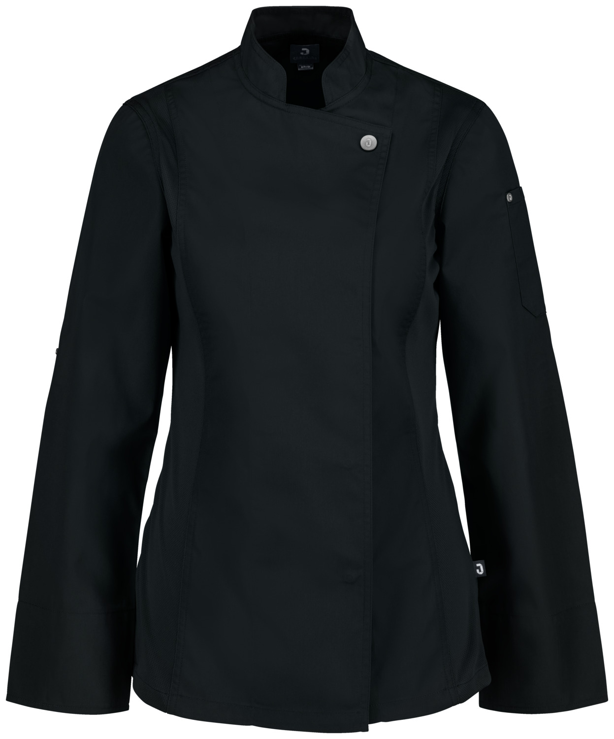 JOBELINE LUSINI Solutions GmbH Women's chef's jacket Carter long-sleeved Damen Kochjacke Carter Langarm Women's chef's jacket Carter long-sleeved; Size 52; black Damen Kochjacke Carter Langarm; Kleidergröße 52; schwarz 65 % polyester, 35 % cotton. 150 g/m². 60 °C wash. Long-sleeved women's chef jacket made of extra-lightweight but sturdy fabric. With stand-up collar, breathable mesh inserts on the side, two-section upper arm pocket and bib apron loop in the neck. Closes with snaps in a concealed snap placket. Long sleeves with practical roll-up function. Slightly waisted cut. Back length: 68 cm for size 36. 65 % Polyester, 35 % Baumwolle. 150 g/m². 60°-Wäsche Langärmlige Damenkochjacke aus extra leichtem, aber robustem Gewebe. Mit Stehkragen, atmungsaktiven Mesh-Einsätzen an der Seite, zweigeteilter Oberarmtasche und Latzschürzenschlaufe im Nacken. Verschließbar mit Druckknöpfen in einer verdeckten Druckknopfleiste. Lange Ärmel mit praktischer Roll-Up-Funktion. Leicht tailliert geschnitten. Rückenlänge: 68 cm in Gr. 36