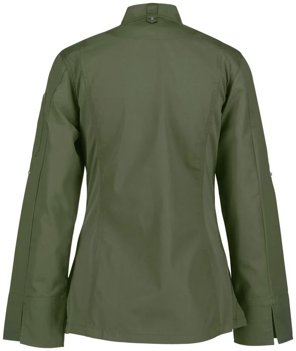 Jobeline Carter Women's Long-Sleeved Chef's Jacket, 65% Polyester 35% Cotton, Breathable Mesh Inserts, Roll-up Sleeves, Olive
